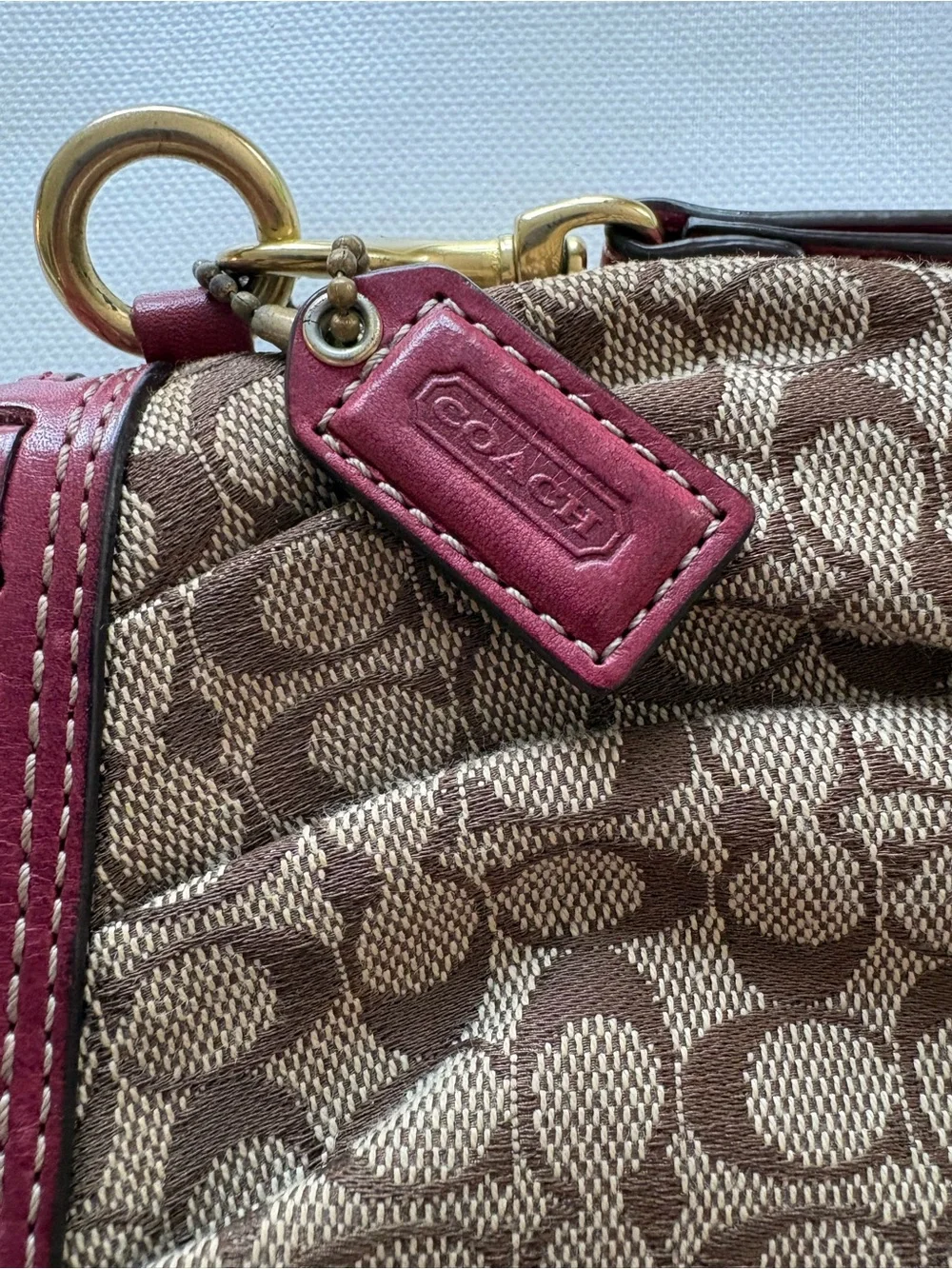 Coach Brown Signature Canvas Wristlet with Burgundy Trim
